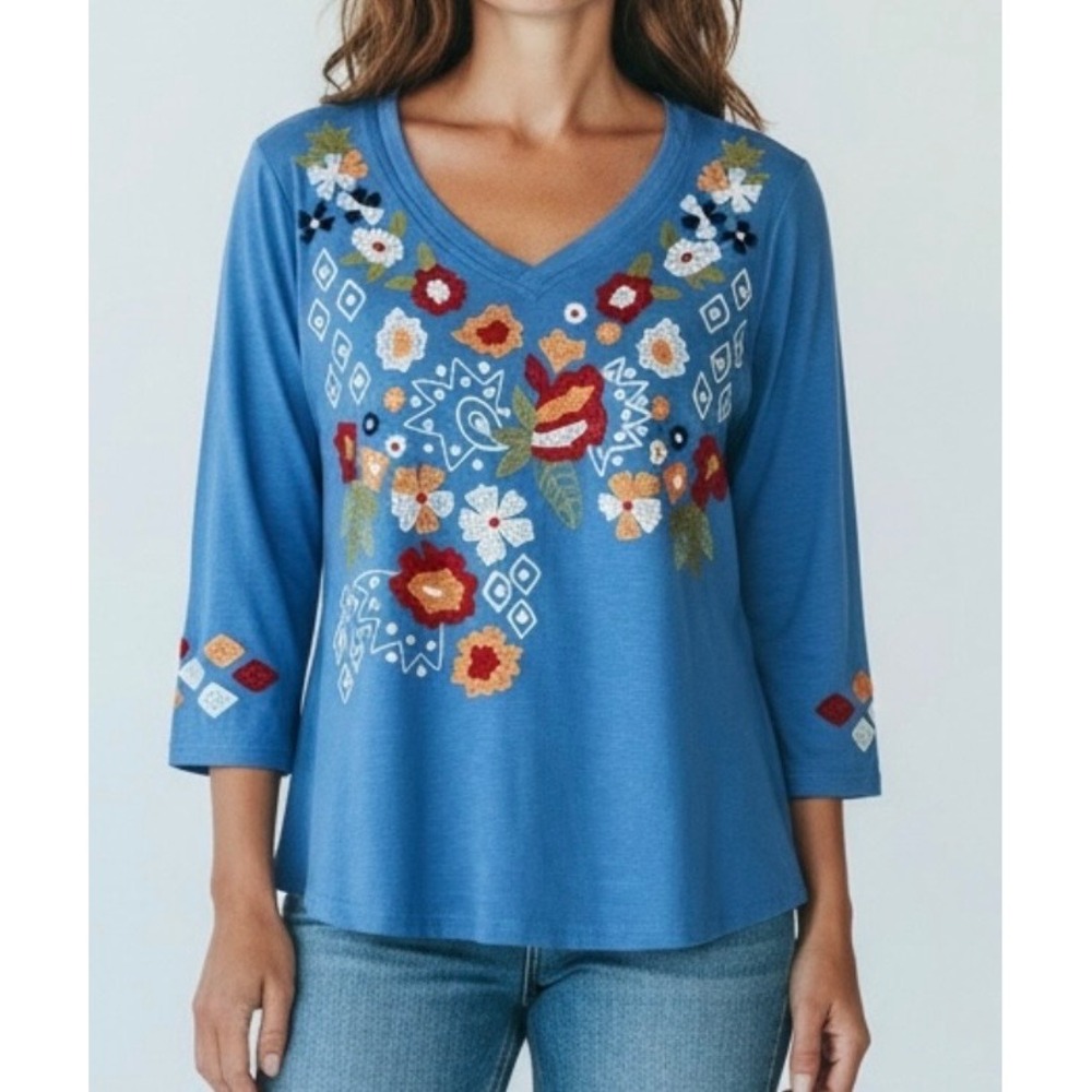 Parsley & Sage Blue Floral Embroidered V-Neck 3/4 Sleeve Cotton Top Womens M
